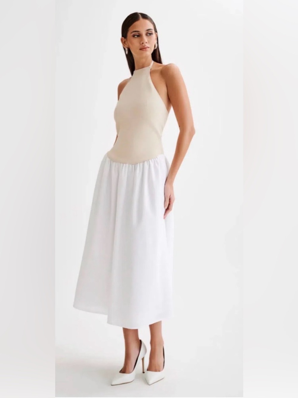 Meshki Cream Halter Top with White Midi Skirt